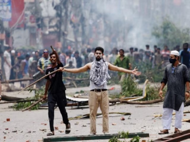 a demonstrator gestures as protesters clash with border guard bangladesh bgb and the police outside the state owned bangladesh television as violence erupts across the country after anti quota protests by students in dhaka bangladesh july 19 2024 photo reuters